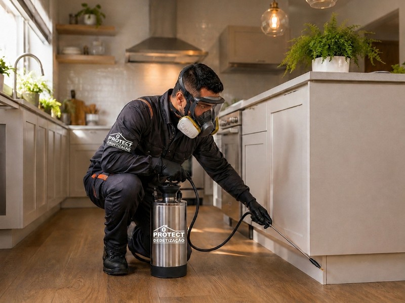 Profissional aplicando dedetização em cozinha residencial